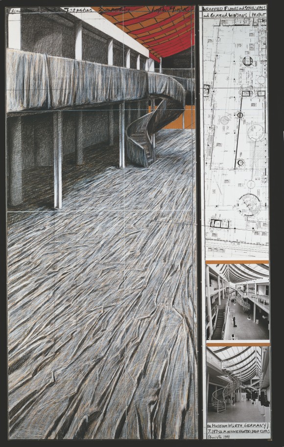 Drawing of the interior of the Würth Museum in Künzelsau, which was covered with white fabric by Christo and Jeanne Claude.