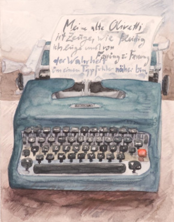 A blue typewriter on a table. An italicized sheet of paper is inserted into it.