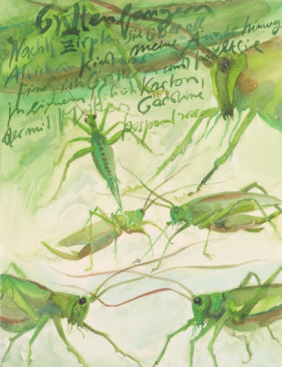 Green crickets are frolicking on a leaf. The image has handwritten text at the top.