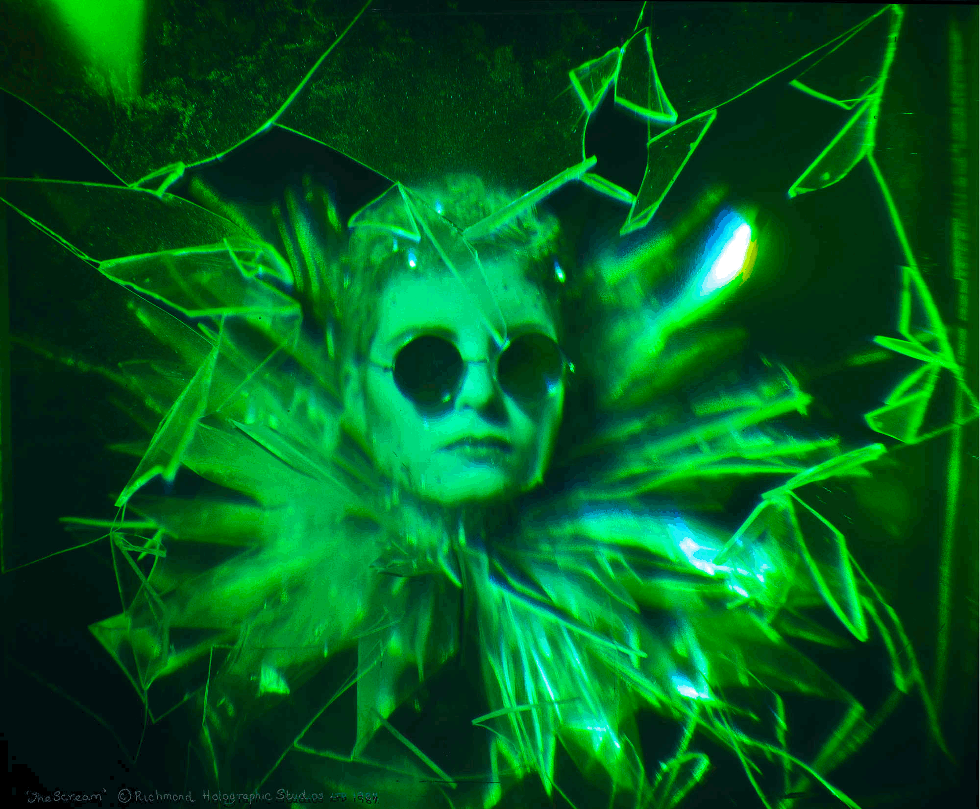 “Scream”, 1987, Animated 3 step pulse laser master and 50x60 cms white light reflection silver halide film hologram made by Richmond Holographic Studio / Edwina Orr. © Edwina Orr