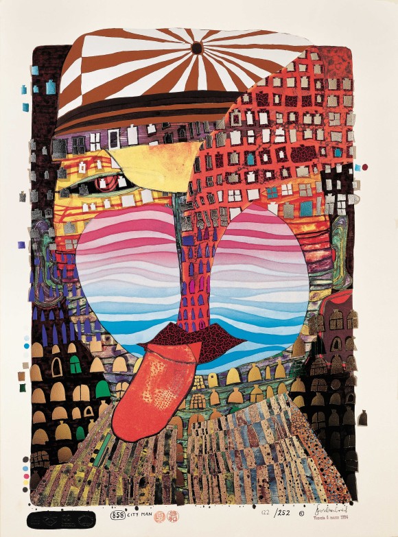 The image shows an artwork by Friedesnwerk Hundertwasser.