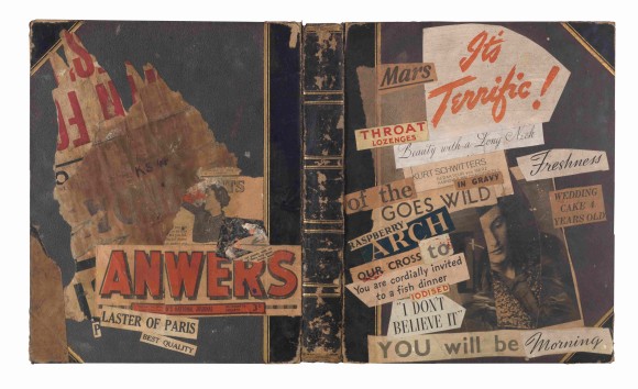 The image shows a collage by Kurt Schwitters. The artist glued several paper snippets onto a book cover. 