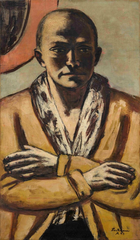 The image shows the self-portrait yellow-pink by Max Beckmann. The artist is wearing a light coat and looking deep in thoughts. 